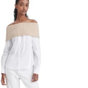 Naadam Beige Off Shoulder Ribbed Knit Top Large  Cashmere  Quiet Luxury Blouse